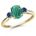 thumbnail image 1 of Gem Stone King 10K Yellow Gold Green Malachite and Blue Created Sapphire 3-Stone Ring for Women | 2.28 Cttw | Oval 8X6MM | Gemstone Birthstone | Size 7, 1 of 6