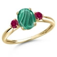 thumbnail image 1 of Gem Stone King 10K Yellow Gold Green Malachite and Red Created Ruby 3-Stone Ring for Women | 2.28 Cttw | Oval 8X6MM | Gemstone Birthstone | Size 7, 1 of 6