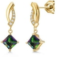 thumbnail image 1 of Gem Stone King 10K Yellow Gold Green Mystic Topaz and Lab Grown Diamond Stud Dangle Earrings for Women | 1.65 Cttw | Gemstone November Birthstone | Princess 5MM, 1 of 6