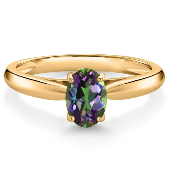 Gem Stone King 10K Yellow Gold Green Mystic Topaz Solitaire Engagement Ring for Women (1.00 Cttw, Oval 7X5MM, Gemstone Birthstone, Available in Size 5, 6, 7, 8, 9)