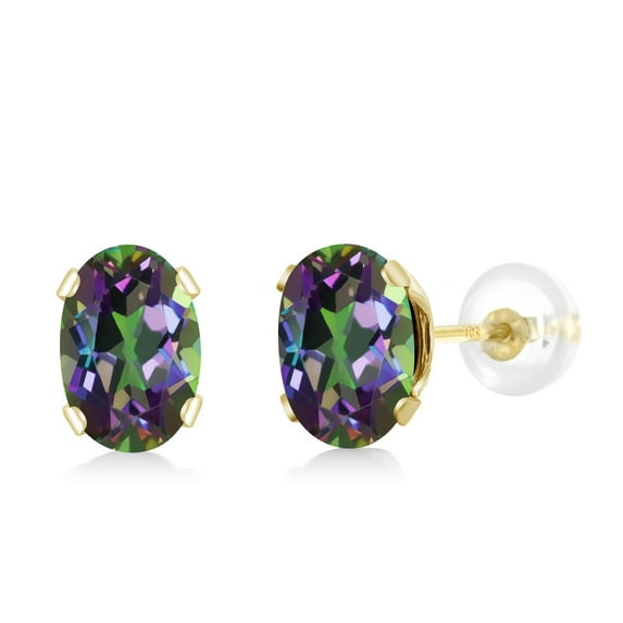 Gem Stone King 10K Yellow Gold Green Mystic Topaz Stud Earrings for Women Men (1.20 Cttw, Gemstone Birthstone, Oval 6X4MM)