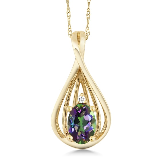 Gem Stone King 10K Yellow Gold Green Mystic Topaz and White Diamond Teardrop Pendant Necklace for Women (0.50 Cttw, Gemstone Birthstone, Oval 6X4MM, with 18 inch Chain)