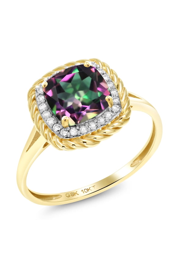 10K Yellow Gold Green Mystic Topaz and White Diamond Women Engagement Ring (1.87 Cttw, Cushion Cut 7MM, Available in Size 5, 6, 7, 8, 9)