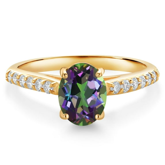 Gem Stone King 10K Yellow Gold Green Mystic Topaz and White Lab Grown Diamond Engagement Ring for Women (1.76 Cttw, Oval 8X6MM, Gemstone Birthstone, Size 8)