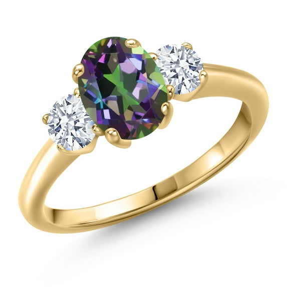 Gem Stone King 10K Yellow Gold Green Mystic Topaz and White Zirconia Engagement Ring for Women | 2.08 Cttw | Oval 8X6MM | Gemstone November Birthstone | Size 6