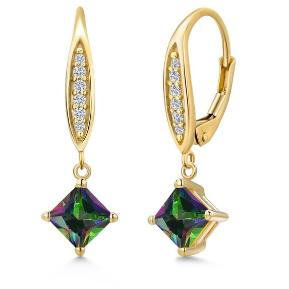 Gem Stone King 10K Yellow Gold Green Mystic Topaz and Lab Grown Diamond Earrings for Women | 1.69 Cttw | Gemstone November Birthstone | Princess 5MM