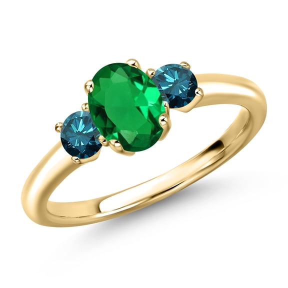 Gem Stone King 10K Yellow Gold Green Nano Emerald and Blue Diamond Engagement Ring for Women | 0.90 Cttw | Oval 7X5MM | Gemstone May Birthstone | Size 9