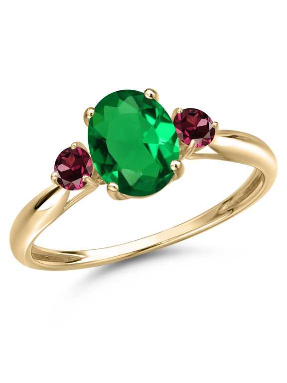 10K Yellow Gold Green Nano Emerald and Red Rhodolite Garnet 3-Stone Ring for Women | 0.99 Cttw | Oval 8X6MM | Three Stone Wedding Engagement Anniversary Promise Ring for Women | Size 6