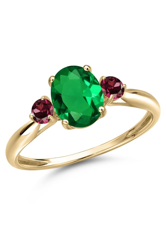 10K Yellow Gold Green Nano Emerald and Red Rhodolite Garnet 3-Stone Ring for Women | 0.99 Cttw | Oval 8X6MM | Three Stone Wedding Engagement Anniversary Promise Ring for Women | Size 7