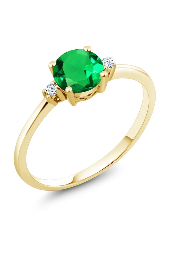 10K Yellow Gold Green Nano Emerald and White Created Sapphire Solitaire Engagement Ring for Women (0.80 Cttw, Round 6MM, Gemstone May Birthstone, Size 9)