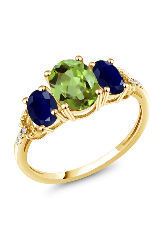 10K Yellow Gold Green Peridot Blue Sapphire and Diamond Accent Engagement Ring | 2.56 Cttw | Oval 8X6MM and 6X4MM | Three Stone Wedding Anniversary Promise Ring for Women (Size 5)