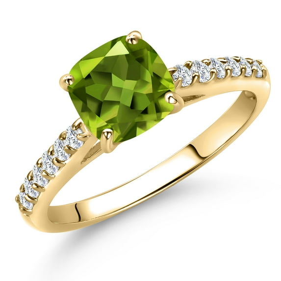 Gem Stone King 10K Yellow Gold Green Peridot and Lab Grown Diamond Engagement Ring for Women | 1.03 Cttw | Cushion 6MM | Gemstone August Birthstone | Size 7