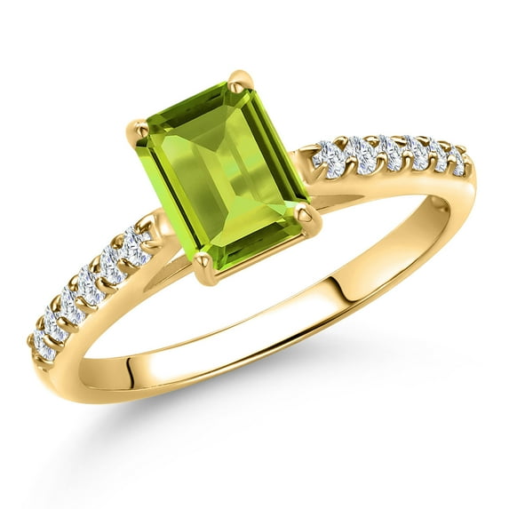 Gem Stone King 10K Yellow Gold Green Peridot and Lab Grown Diamond Engagement Ring for Women | 1.18 Cttw | Emerald Cut 7X5MM | Gemstone August Birthstone | Size 8
