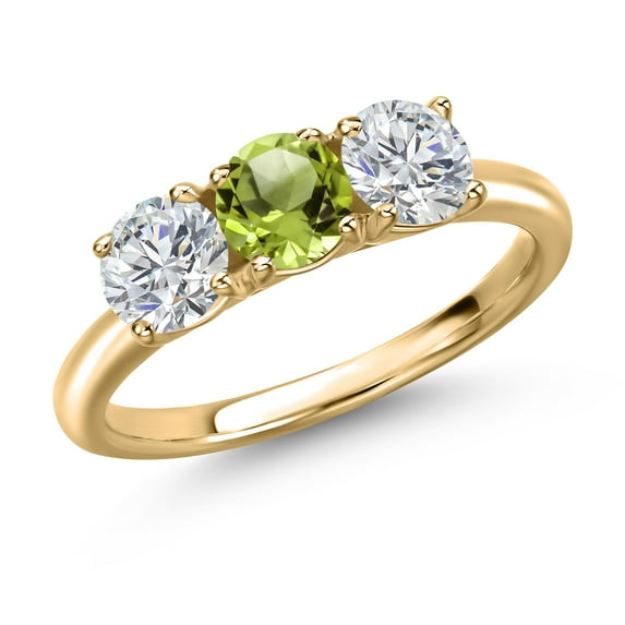 Gem Stone King 10K Yellow Gold Green Peridot and Lab Grown Diamond Engagement Ring for Women | 1.55 Cttw | Round 5MM | Gemstone August Birthstone | Size 6
