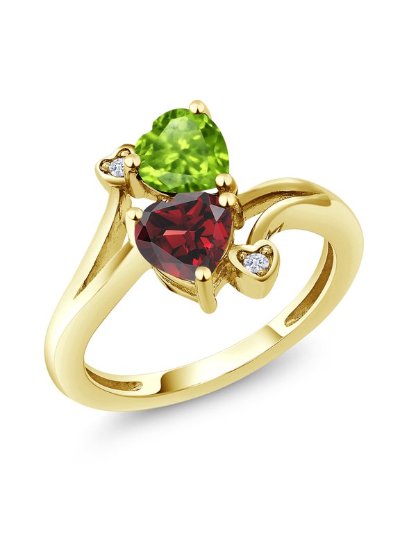 10K Yellow Gold Green Peridot and Red Garnet Ring for Women (1.76 Cttw, Heart Shape 6MM, Gemstone Birthstone, Size 5)