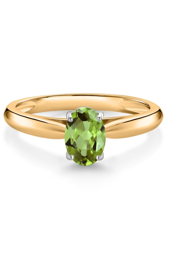 10K Yellow Gold Green Peridot Solitaire Engagement Ring for Women (0.90 Cttw, Oval 7X5MM, Gemstone August Birthstone, Size 7)