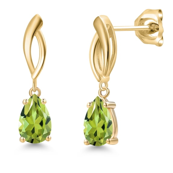 Gem Stone King 10K Yellow Gold Green Peridot Stud Dangle Earrings for Women | 1.83 Cttw | Gemstone August Birthstone | Pear Shape 8X5MM