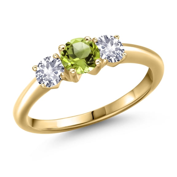 Gem Stone King 10K Yellow Gold Green Peridot and White Created Sapphire Engagement Ring for Women | 1.05 Cttw | Round 5MM | Gemstone August Birthstone | Size 5