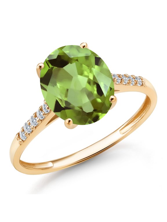 10K Yellow Gold Green Peridot and White Diamond Engagement Ring for Women | 2.92 Cttw | Oval 10X8MM | Gemstone August Birthstone | Size 7