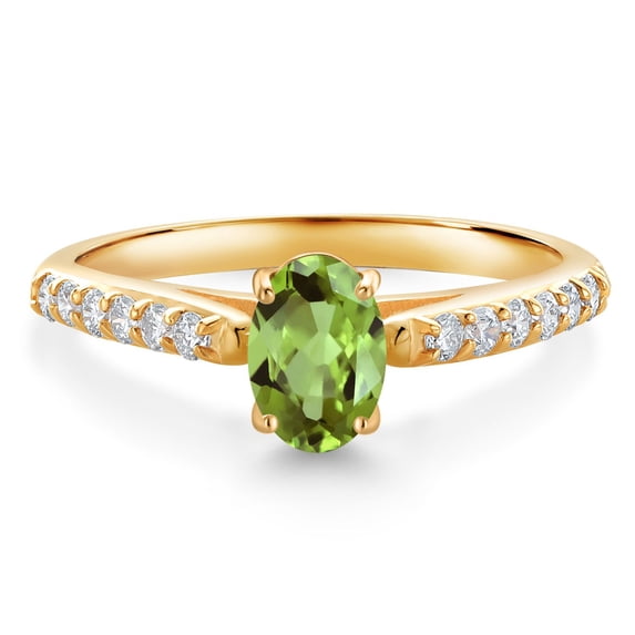 Gem Stone King 10K Yellow Gold Green Peridot and White Lab Grown Diamond Engagement Ring for Women (1.08 Cttw, Oval 7X5MM, Gemstone August Birthstone, Size 8)