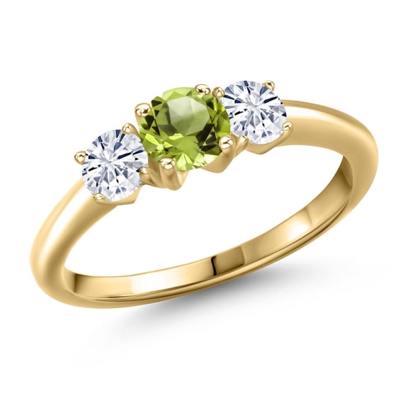 Gem Stone King 10K Yellow Gold Green Peridot and White Moissanite Engagement Ring for Women | 1.01 Cttw | Round 5MM | Gemstone August Birthstone | Size 9