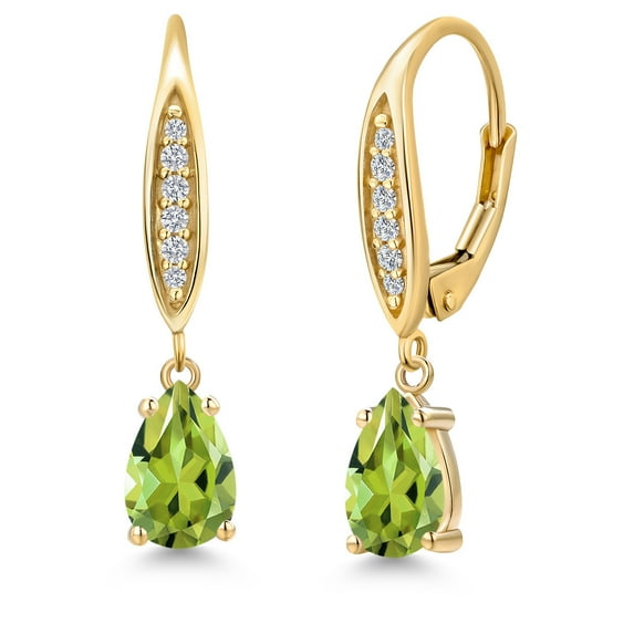Gem Stone King 10K Yellow Gold Green Peridot and Lab Grown Diamond Earrings for Women | 1.92 Cttw | Gemstone August Birthstone | Pear Shape 8X5MM