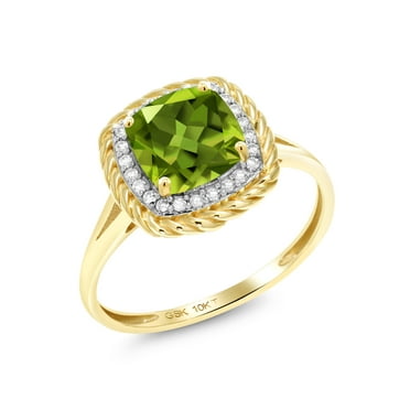 Gem Stone King 10K Yellow Gold Green Peridot and White Diamond Engagement Ring for Women (1.87 Cttw, Cushion 7MM, Available in Size 5,6,7,8,9)