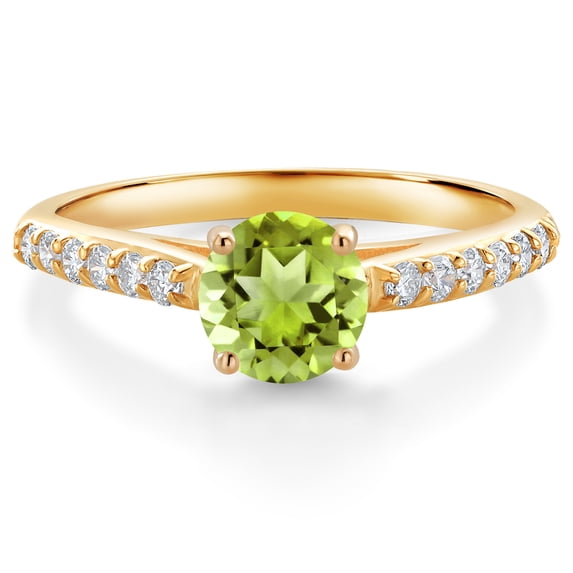 Gem Stone King 10K Yellow Gold Green Peridot and White Lab Grown Diamond Engagement Ring for Women (1.18 Cttw, Gemstone August Birthstone, Round 6MM, Size 7)