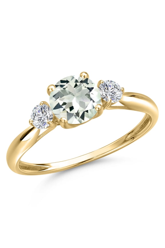 10K Yellow Gold Green Prasiolite and Lab Grown Diamond 3-Stone Ring for Women | 1.02 Cttw | Round 6MM | Gemstone Birthstone | Size 7