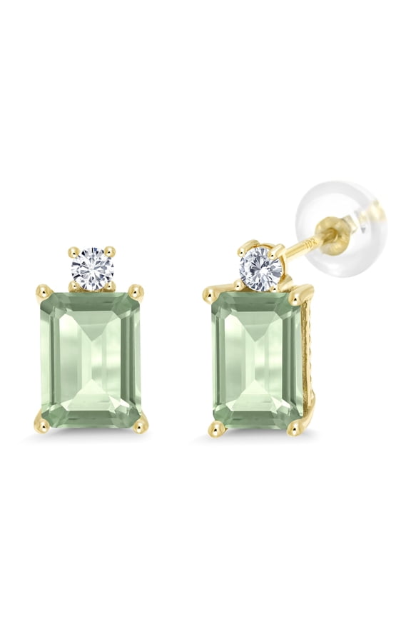 10K Yellow Gold Green Prasiolite and White Diamond Earrings for Women (3.13 Cttw, Emerald Cut 8X6MM)