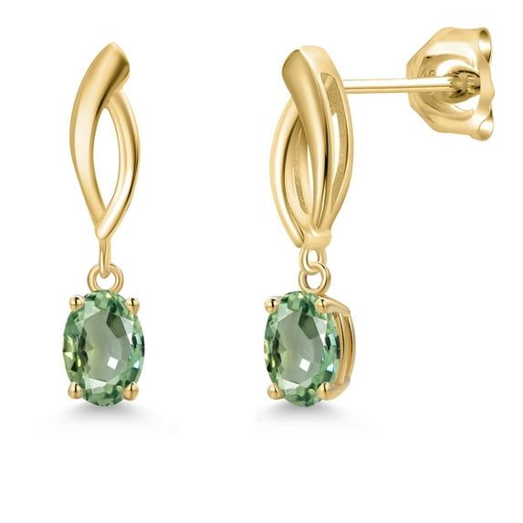 Gem Stone King 10K Yellow Gold Green Sapphire Stud Dangle Earrings for Women | 1.10 Cttw | Gemstone September Birthstone | Oval 6X4MM