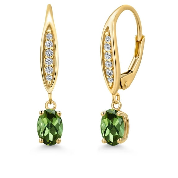 Gem Stone King 10K Yellow Gold Green Tourmaline and Lab Grown Diamond Dangle Earrings for Women | 1.10 Cttw | Gemstone October Birthstone | Oval 6X4MM
