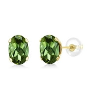 GEM STONE KING 10K Yellow Gold Green Tourmaline Stud Earrings for Women Men (1.00 Cttw, Gemstone October Birthstone, Oval 6X4MM)