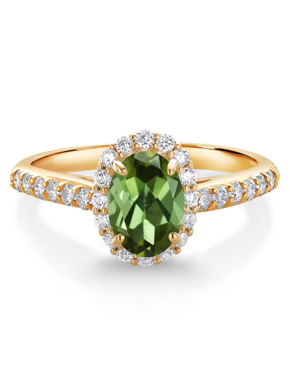 10K Yellow Gold Green Tourmaline and White Lab Grown Diamond Halo Engagement Ring for Women (1.01 Cttw, Gemstone October Birthstone, Oval 7X5MM)