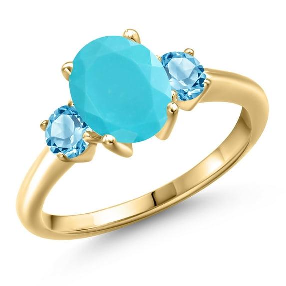 Gem Stone King 10K Yellow Gold Green Turquoise and Swiss Blue Topaz Engagement Ring for Women | 2.21 Cttw | Oval 9X7MM | Gemstone Birthstone | Size 5