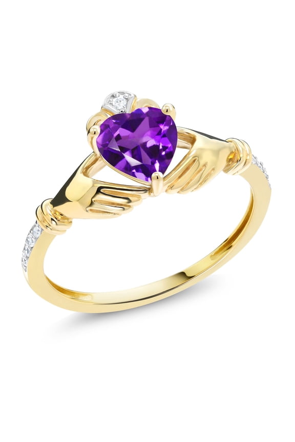 10K Yellow Gold Irish Celtic Claddagh Purple Amethyst and Diamond Accent Women Engagement Ring (0.71 Cttw, Available in Size 5, 6, 7, 8, 9)