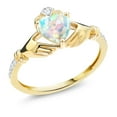 thumbnail image 1 of Gem Stone King 10K Yellow Gold Irish Celtic Claddagh White Simulated Opal and Diamond Accent Ring for Women (0.81 Cttw, Available in Size 5, 6, 7, 8, 9), 1 of 6