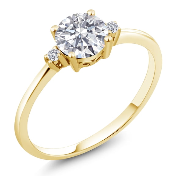 Gem Stone King 10K Yellow Gold Lab Grown Diamond 3-Stone Engagement Ring for Women | 0.77 Cttw | Round 6MM and 1.5MM | Gemstone Birthstone | E-F Color | VVS-VS Clarity (Size 6)