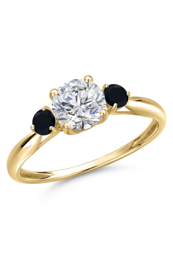 10K Yellow Gold Lab Grown Diamond and Black Onyx 3-Stone Ring for Women | 0.94 Cttw | Round 6MM | Gemstone April Birthstone | Size 8