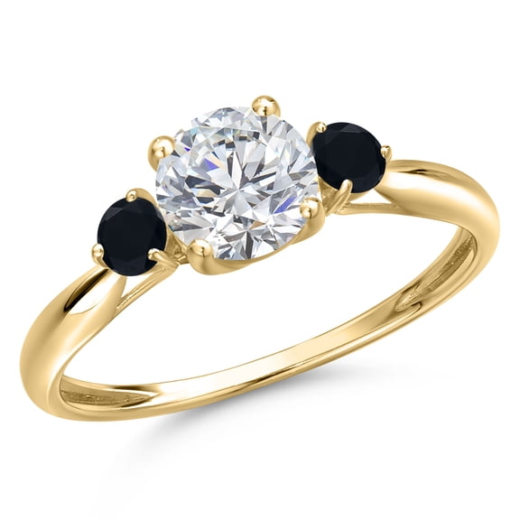 Gem Stone King 10K Yellow Gold Lab Grown Diamond and Black Onyx 3-Stone Ring for Women | 0.94 Cttw | Round 6MM | Gemstone Birthstone | Wedding Engagement Anniversary Promise Ring for Women