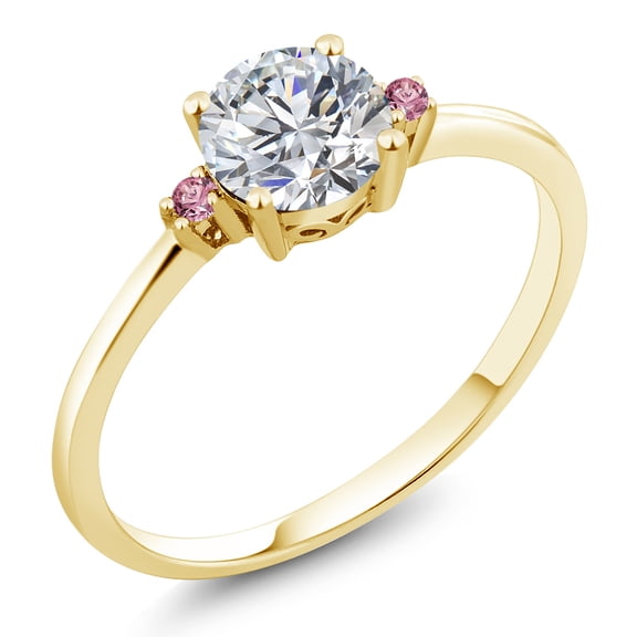 Gem Stone King 10K Yellow Gold Lab Grown Diamond and Pink Lab Grown Diamond Engagement Ring for Women | 0.77 Cttw | Round 6MM | Gemstone April Birthstone | Size 7