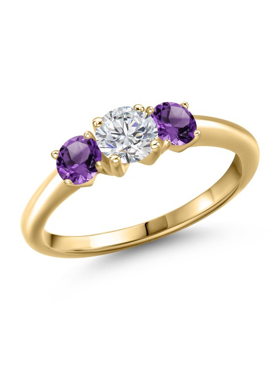 10K Yellow Gold Lab Grown Diamond and Purple Amethyst Engagement Ring for Women | 1.00 Cttw | Round 5MM | Gemstone April Birthstone | Size 7