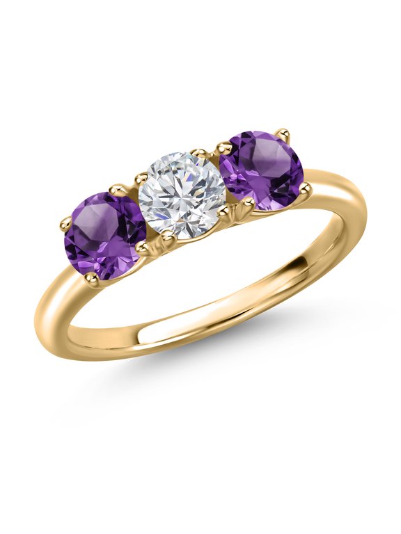 10K Yellow Gold Lab Grown Diamond and Purple Amethyst Engagement Ring for Women | 1.45 Cttw | Round 5MM | Gemstone April Birthstone | Size 7