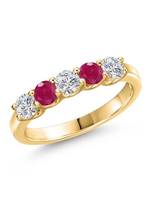 10K Yellow Gold Lab Grown Diamond and Red Ruby 5-Stone Ring