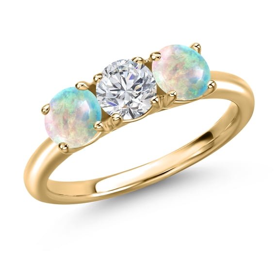 Gem Stone King 10K Yellow Gold Lab Grown Diamond and Simulated White Opal Engagement Ring for Women | 1.50 Cttw | Round 5MM | Gemstone April Birthstone | Size 5