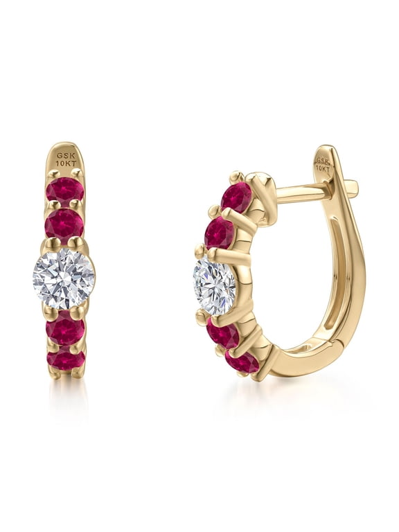 10K Yellow Gold Lab Grown Diamond and Red Created Ruby Hoop Earrings for Women | 1.02 Cttw | Gemstone April Birthstone | Round 4MM