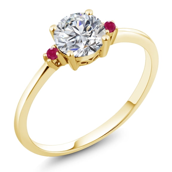 Gem Stone King 10K Yellow Gold Lab Grown Diamond and Red Ruby Engagement Ring for Women | 0.77 Cttw | Round 6MM | Gemstone April Birthstone | Size 5