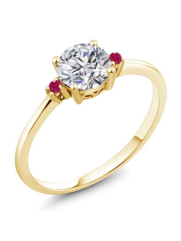 10K Yellow Gold Lab Grown Diamond and Red Ruby Engagement Ring for Women | 0.77 Cttw | Round 6MM | Gemstone April Birthstone | Size 6