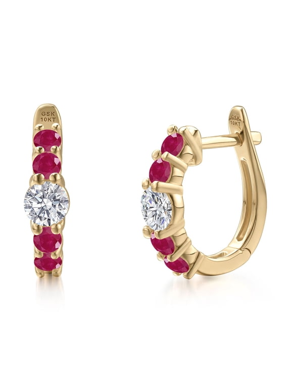 10K Yellow Gold Lab Grown Diamond and Red Ruby Hoop Earrings for Women | 1.02 Cttw | Gemstone April Birthstone | Round 4MM