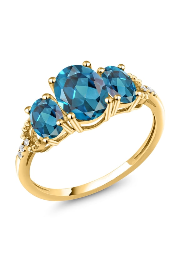 10K Yellow Gold London Blue Topaz and Diamond Accent 3-Stone Engagement Ring | 2.70 Cttw | Three Stone Wedding Anniversary Promise Ring for Women | Size 5-9.5